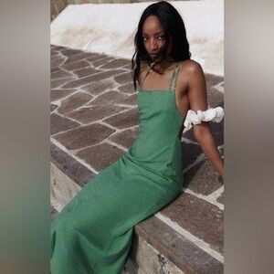Zara Green Linen Maxi Dress Open Back Strappy XS